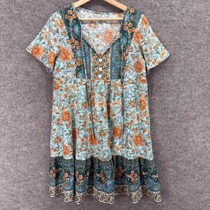 SheIn Dress Women M Medium Blue Floral SHift Short V-Neck Tasseled Short Sleeve